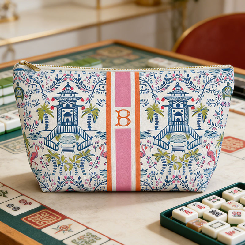 Monogrammed Mahjong Tile Bag Chinoiserie Travel Pouch Pagoda Print