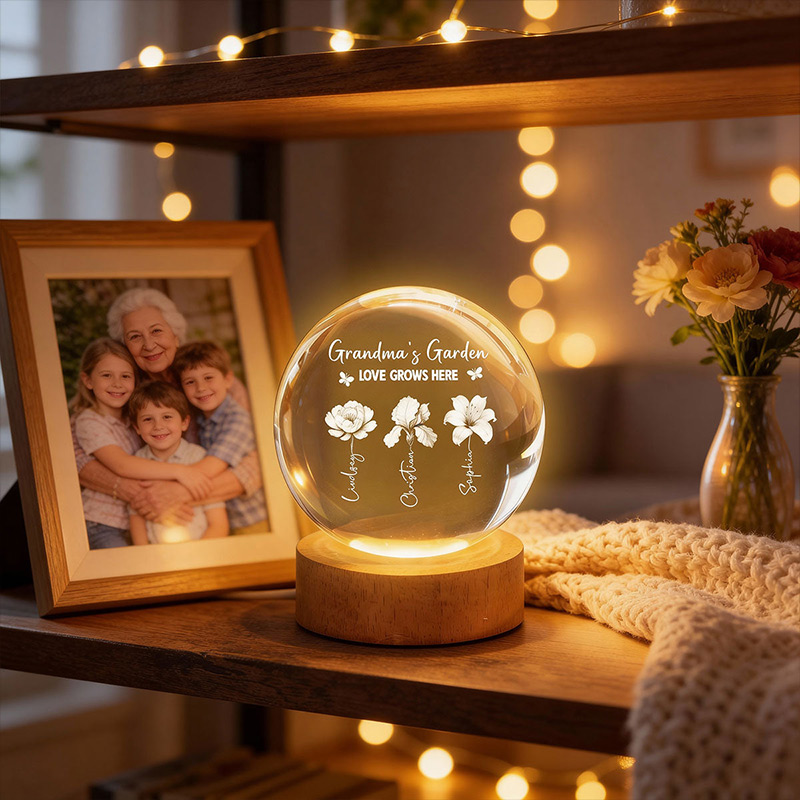 Personalized Grandma's Garden 3D Effect Birth Month Flowers Crystal Ball LED Night Light Birthday Mother's Day Gift for Grandma