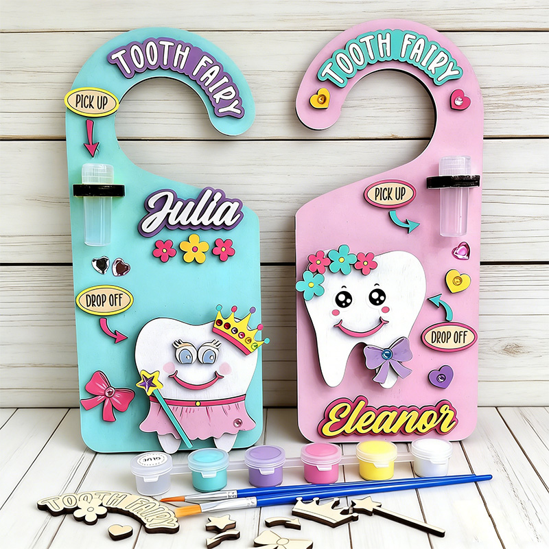 Personalized Tooth Fairy Door Hanger Custom Name Tooth Holder with Jar and Money Slot Kids Tooth Fairy Gift for Boys and Girls Unisex and Reversible