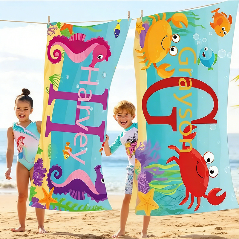 Personalized Kids Beach Towel  Fun Beach Designs Gift For Girls Or Boys Available In 3 Designs Choose From 2 Sizes