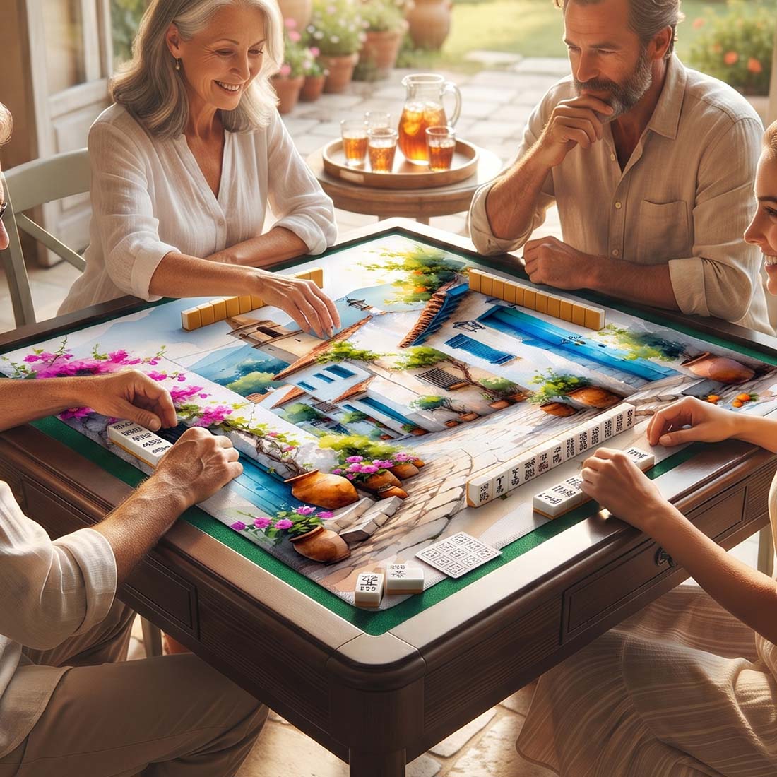 Spanish Village Watercolor Mahjong Mat Andalusia White Town & Bougainvillea Non-Slip Square Game Table Pad