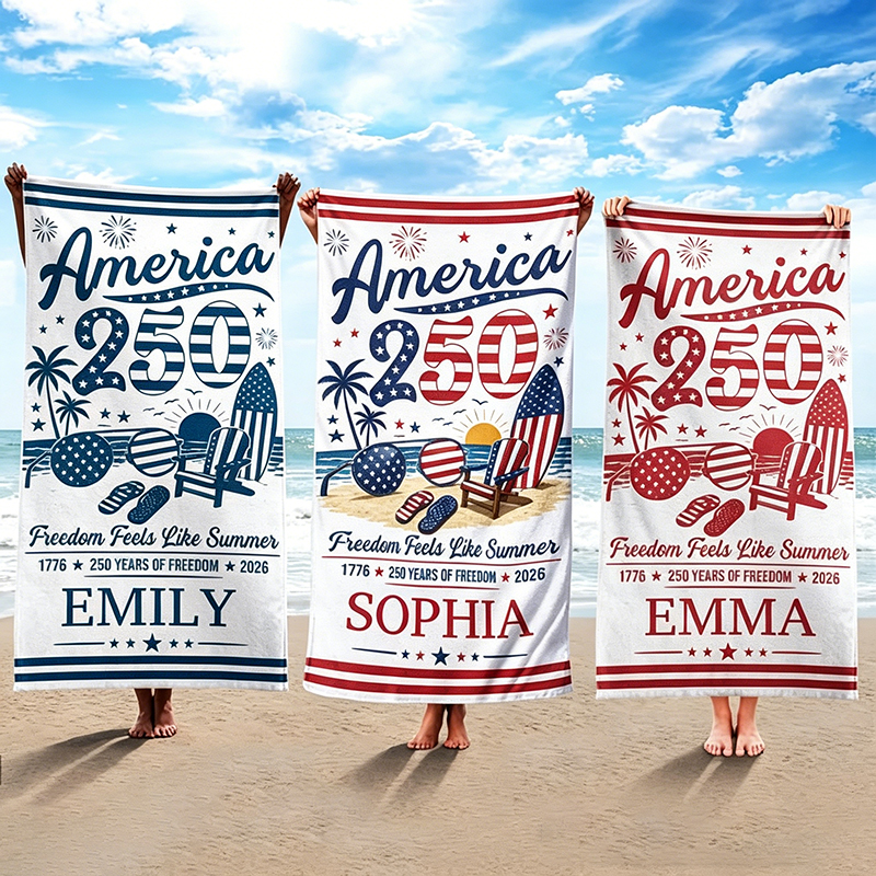 Personalized Beach Towel America 250 Freedom Feels Like Summer Custom Name for Summer