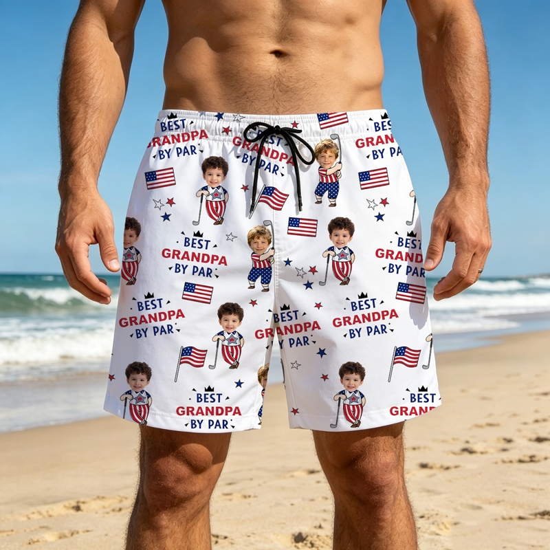 Personalized Golf Shorts Custom Photo Best Dad By Par Funny Kid 250th Anniversary US Flag
