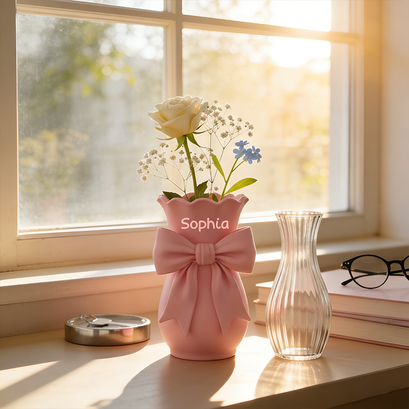 Personalized Vase 3D-Printed Pink Bow Vase Custom Name Home Decor Gift for Her