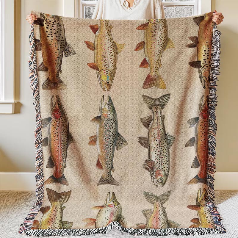 Fishing Lake House Woven Blanket Great Lakes Trout Fishing Gift for Fishermen Dad or Husband