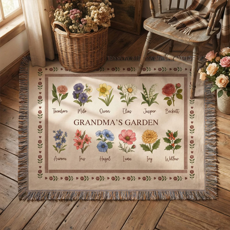 Personalized Retro Birth Flower Grandma's Garden Tassel Soft Throw Blanket with Names and Title Mother's Day Birthday Gift for Grandma Family