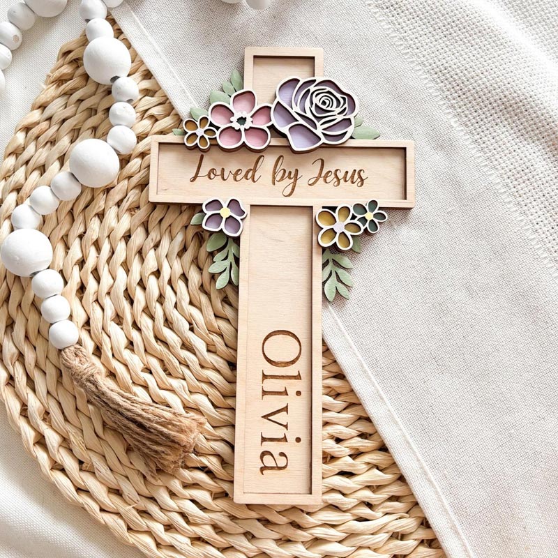 Personalized Floral Cross Christian Decor Wooden Cross Gift for Christian Custom Name
