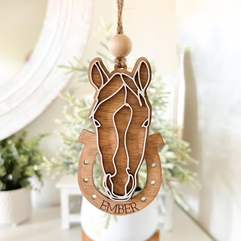 Personalized Horse Wooden Ornament Head and Horseshoe Shaped Wooden Ornament Custom Name Gift for Equestrian Enthusiasts