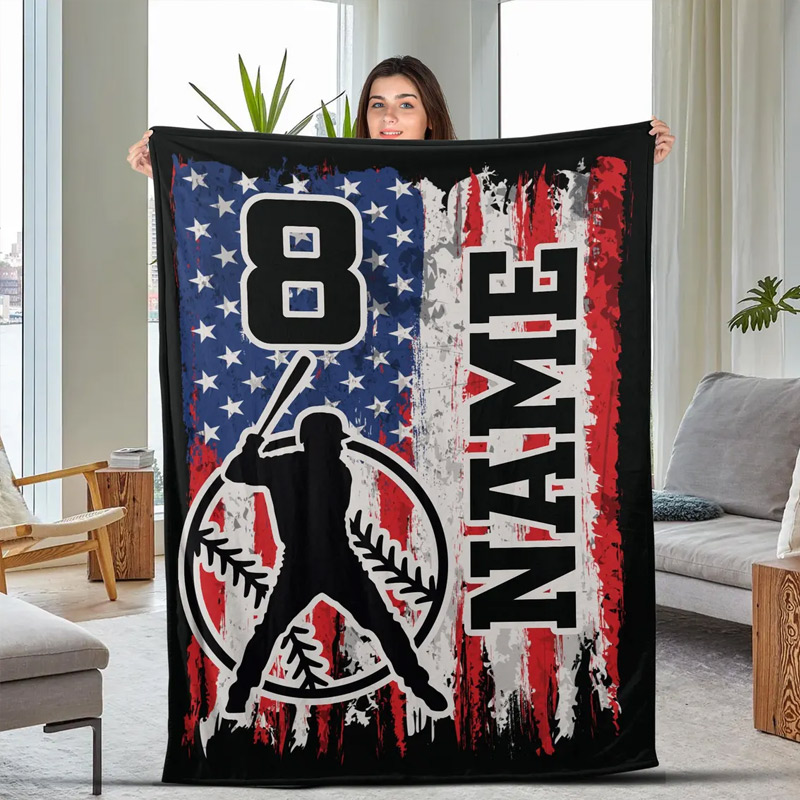 Personalized Baseball Blanket with Custom Name Number and Patriotic Design