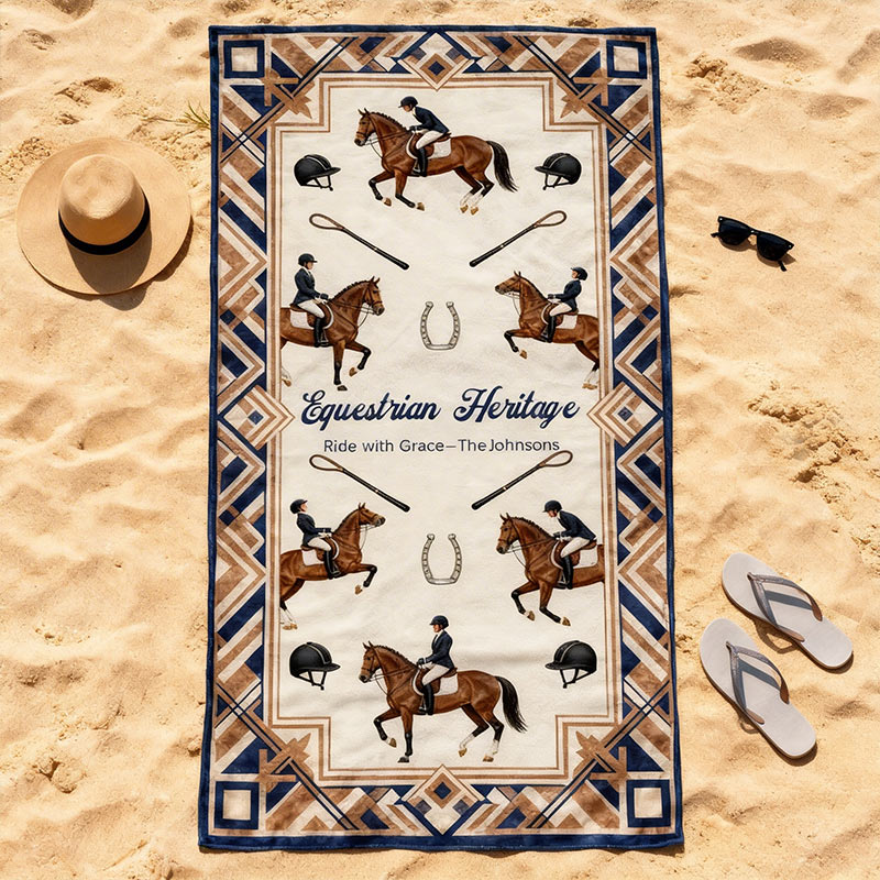 Personalized Elegant Equestrian Beach Towel Equestrian Heritage Custom Name Gift for Traditional Equestrian Enthusiasts