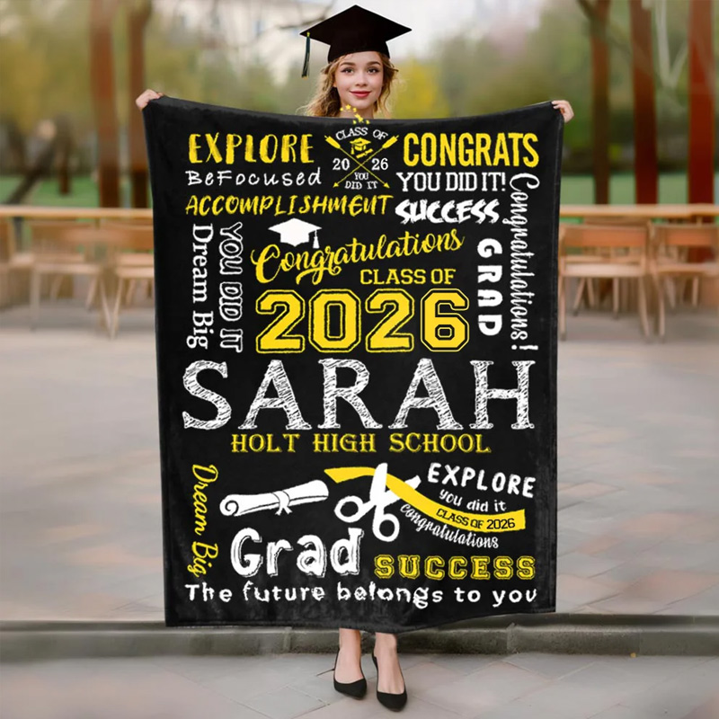 Personalized Graduation Inspiration Multicolor Soft Fleece Name Blanket with Year and School Name Class of 2026 Graduation Gift for Graduate