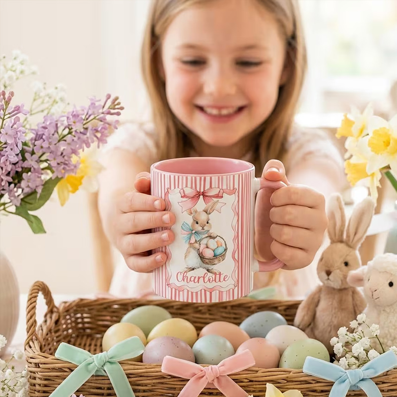 Personalized Cute Easter Egg Bunny 11 oz Accent Mug Custom Name Accent Mug Kids Spring Gift