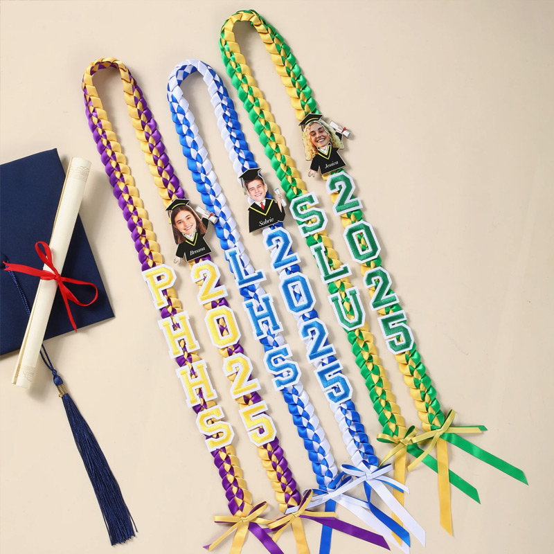 Personalized Cartoon Character Face Photo Bow Two-Colored Braided Ribbon Lei with Name Year and School Graduation Gift for Graduates