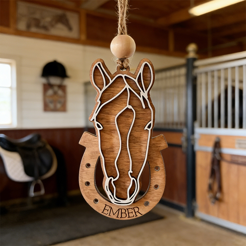 Personalized Horse Wooden Ornament Head and Horseshoe Shaped Wooden Ornament Custom Name Gift for Equestrian Enthusiasts