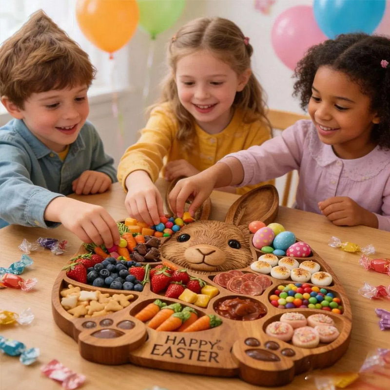 Easter Bunny Wooden Charcuterie Board Cute Rabbit-Shaped Serving Tray with Compartments Handmade Rabbit Serving Tray Easter Gift