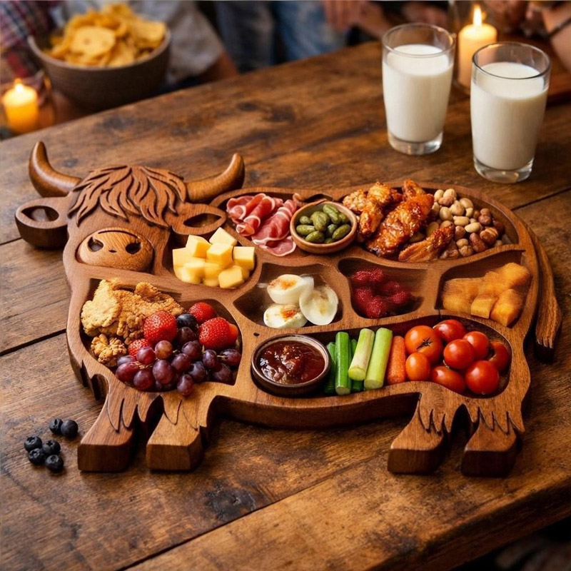Highland Cow Wooden Charcuterie Board Rustic Farmhouse Appetizer Platter Cheese Serving Board