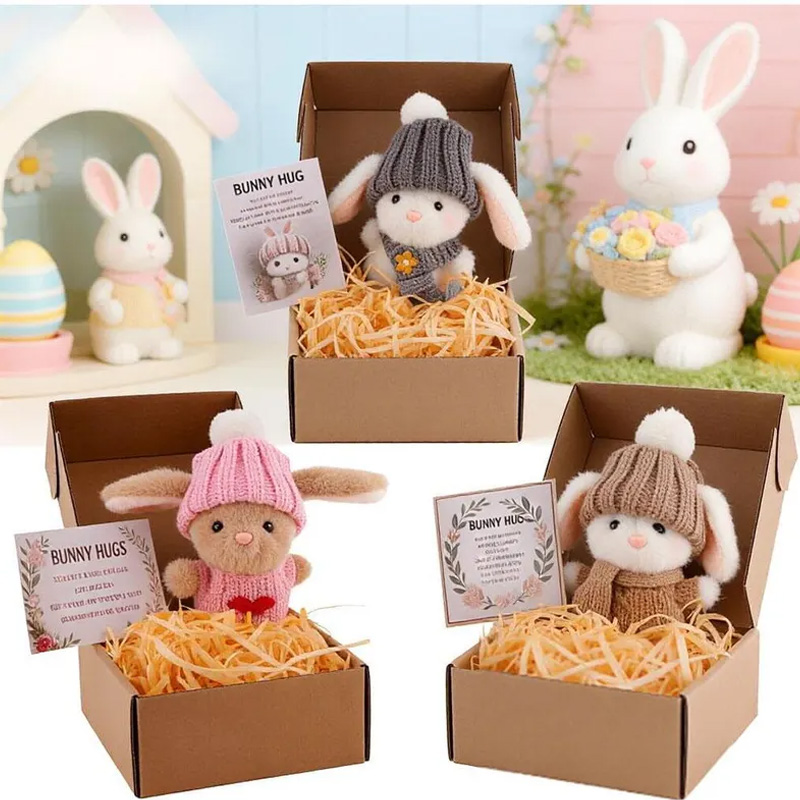 Mini Plush Bunny with Knitted Hat Mini Bunny Easter Gift Box Handmade Crochet Rabbit Plush Easter Gift