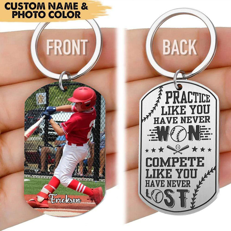 Personalized Photo Keychain with Inspirational "Practice and Compete" Quote 