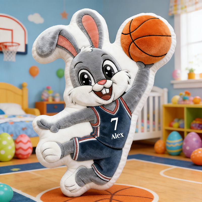 Personalized Basketball Bunny Pillow Easter Bunny Basketball Playing Rabbit with Custom Name and Number