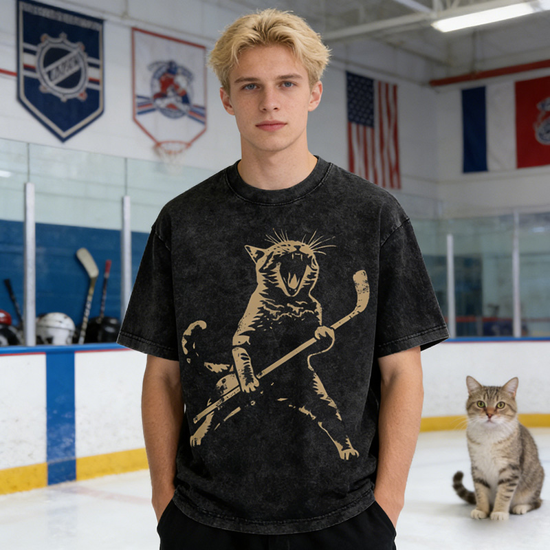 Personalized Cat Hockey Stick Washed T-Shirt Cat Playing Ice Hockey Gift for Hockey Lovers