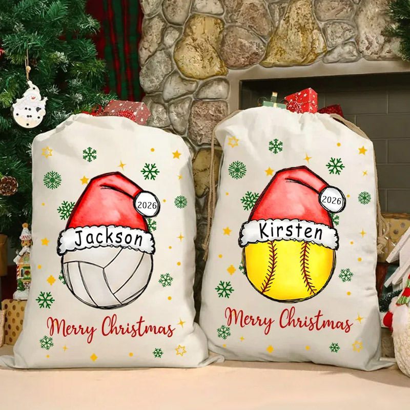 Personalized Merry Christmas Sack with Sports Ball and Custom Name and Year  