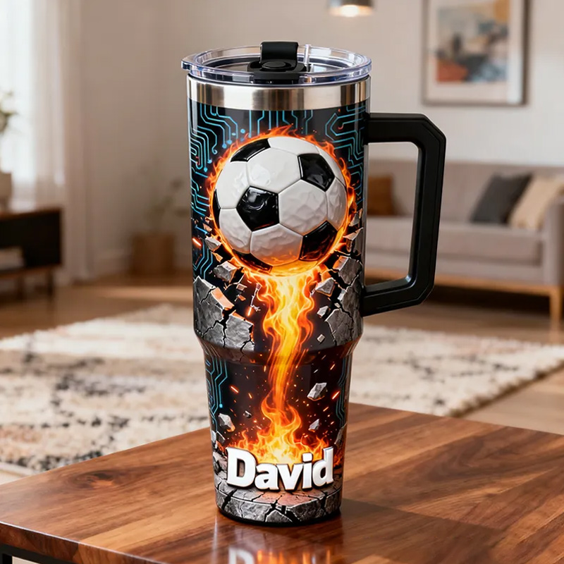 Personalized Soccer Tumbler with Custom Name and Flaming Ball Design for Fans and Athletes