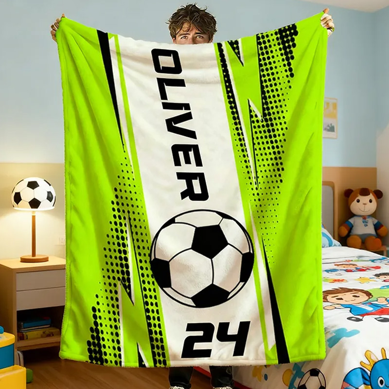 Personalized Soccer Blanket with Custom Name and Jersey Number for Soccer Fans. 