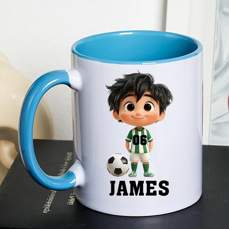 Personalized Soccer Mug with Custom Name and Cartoon Character Design