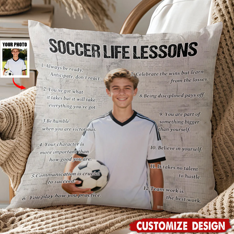 Personalized Soccer Life Lessons Pillow with Custom Photo and Inspirational Quotes