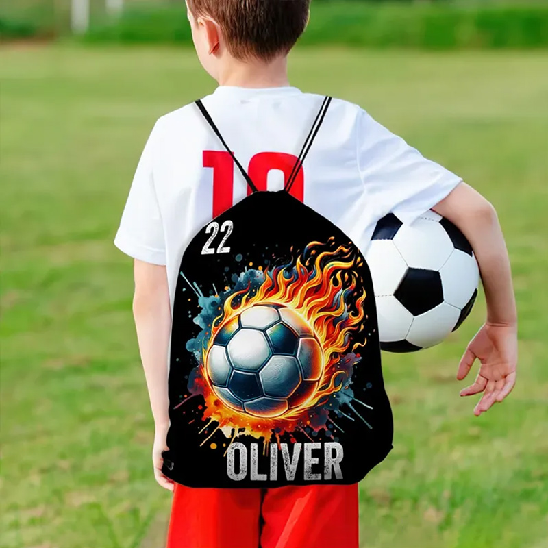 Personalized Sports Drawstring Bag with Flaming Basketball Soccer Volleyball and Baseball Designs Custom Name and Number Backpack