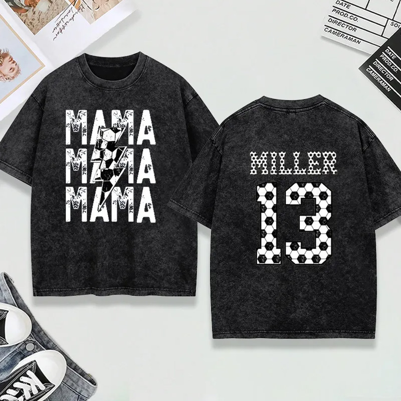 Personalized Washed T-Shirt "Mama" Soccer with Custom Name and Number Design