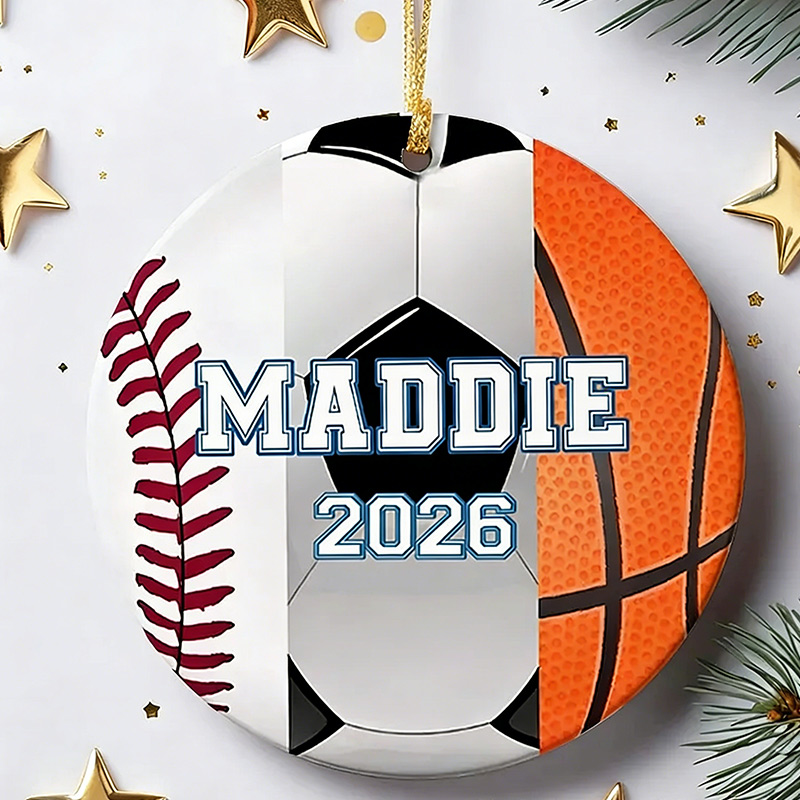 Personalized Baseball,Soccer and Basketball Design Ceramic Christmas Ornament with Custom Name and Year  
