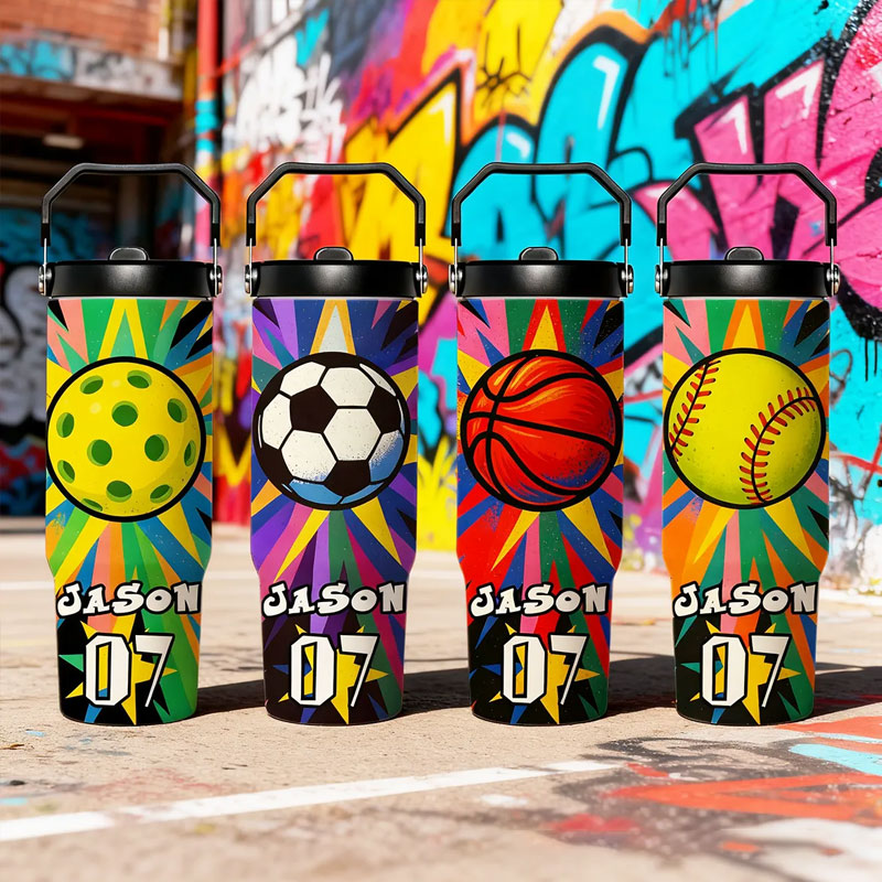 Personalized Sports Water Bottle with Custom Name Number and Colorful Design Perfect for Pickleball Soccer Basketball and Softball Players