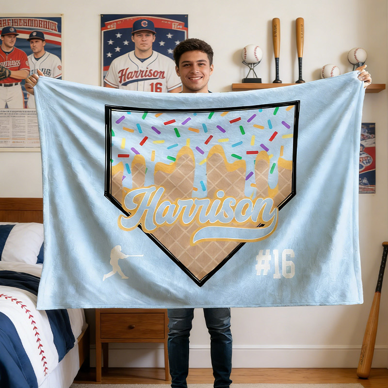 Personalized Baseball Ice Cream Dripping Soft Fleece Throw Blanket with Name and Number Home Decor Game Day Birthday Gift for Baseball Lovers