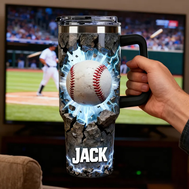 Personalized Baseball Tumbler with Custom Name and Cracked Design for Baseball Lover