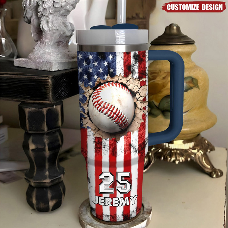 Personalized Baseball Tumbler with Custom Name, Number, and American Flag Design