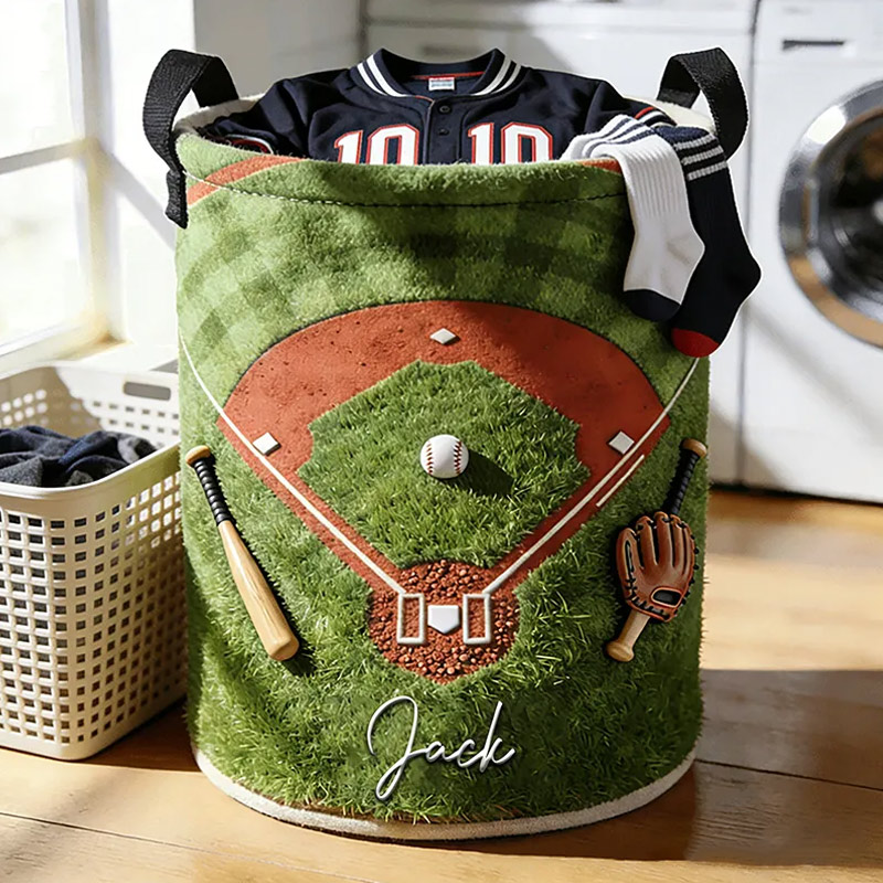Personalized Baseball Laundry Basket with Custom Name and Field Design