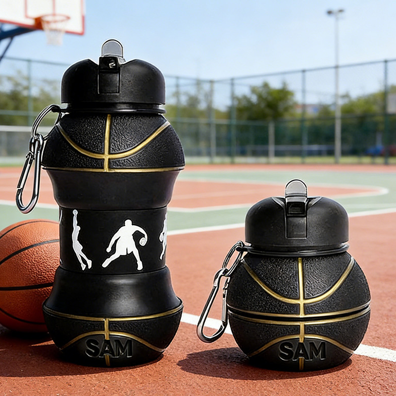 Personalized Foldable Basketball Water Cup Silicone Black Golden Basketball Sports Water Bottle Custom Name Gift for Basketball Lovers