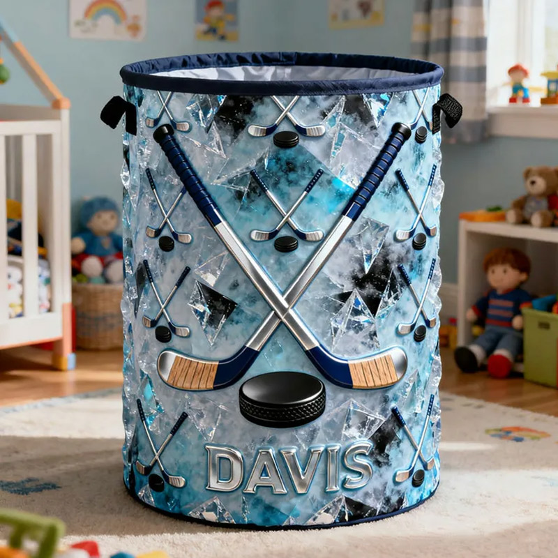 Personalized Ice Hockey Storage Basket with Custom Name and Crossed Sticks Design for Fans and Athletes