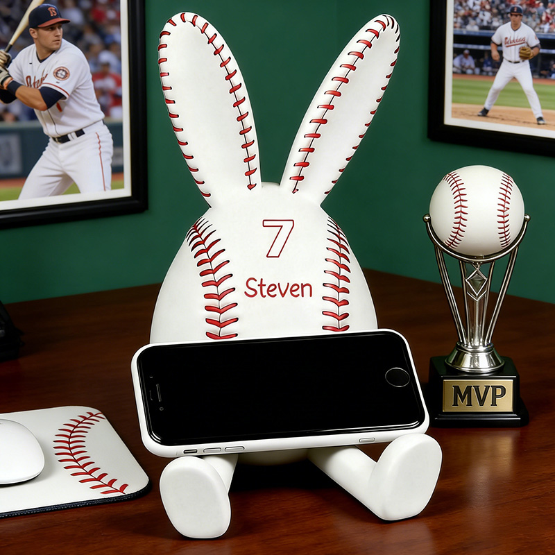 Personalized Baseball Bunny Phone Stand 3D Printed Easter Bunny Gift for Baseball Lovers