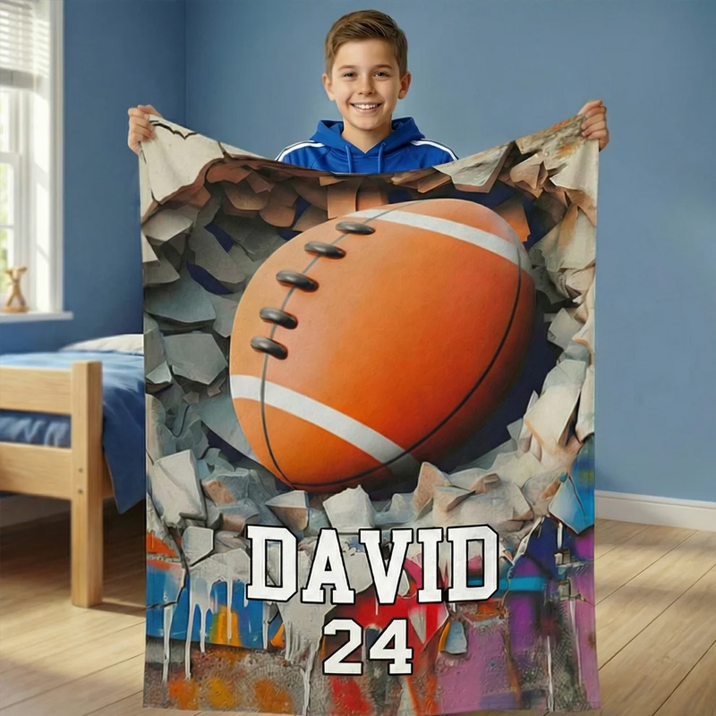 Personalized Sportball Design Throw Blanket with Name and Number Home Decor Birthday Gift for Sport Lovers