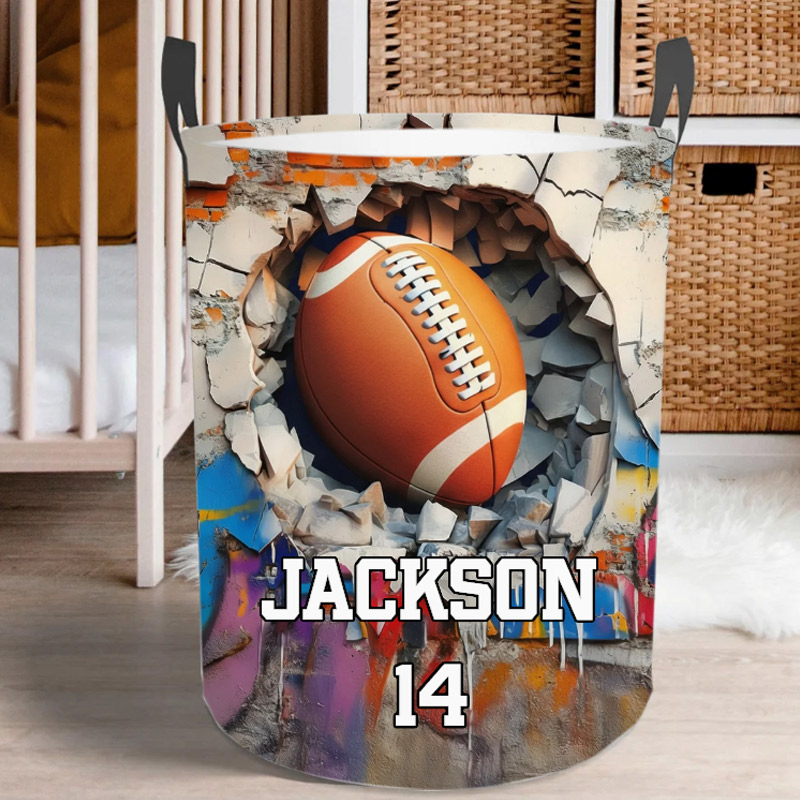 Personalized Sports Ball Design Waterproof Storage Laundry Basket with Handle and Number Name Birthday Housewarming Gift for Ball Sports Lovers