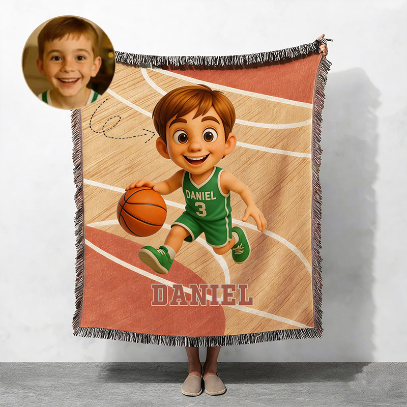 Personalized Basketball Woven Blanket Custom Photo Name and Number for Basketball Fans