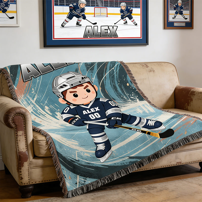 Personalized Hockey Woven Blanket Ice Hockey Player with Custom Name and Number Perfect Gift for Hockey Enthusiasts