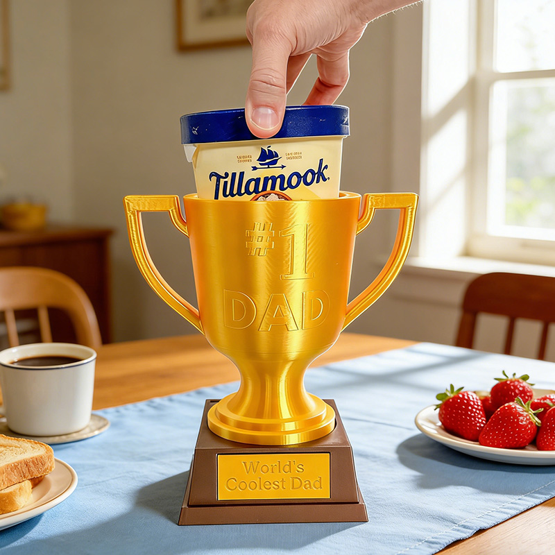 Personalized Champs Trophy Ice Cream Pint Holder Sports Golden Trophy with Custom Text and Number Gift for Dad