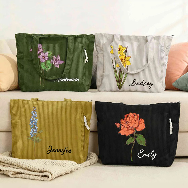 Personalized Birth Flower Corduroy Large Capacity Tote Bag with Name Daily Use Birthday Gift for Women