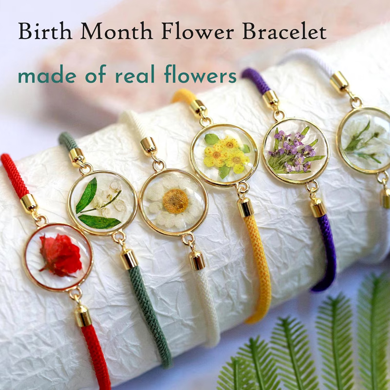 Personalised Birth Month Flower Bracelet Birthday Gift Pressed Flower Adjustable Bracelet Forgetme Bracelet