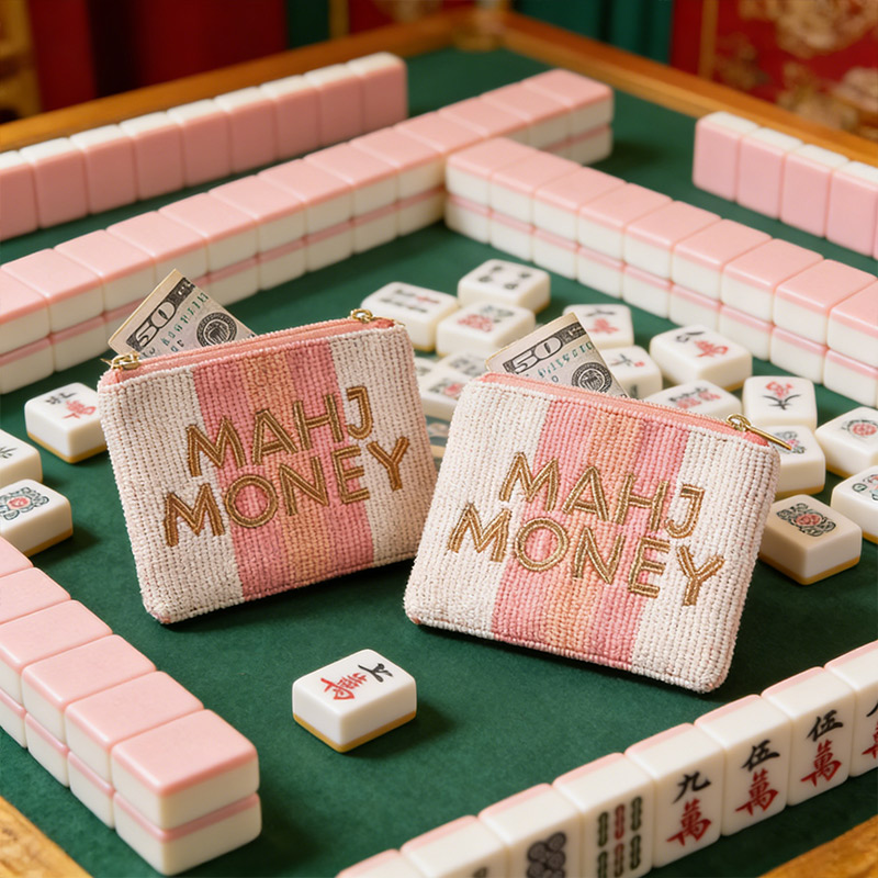 Personalized Pink and White Stripes Mahj Money Mahjong Coin Purse Rice Bead Coin Purse Cash Coin Purse