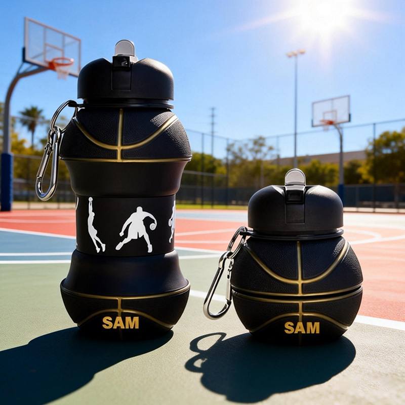 Personalized Foldable Basketball Water Cup Silicone Black Golden Basketball Sports Water Bottle Custom Name Gift for Basketball Lovers