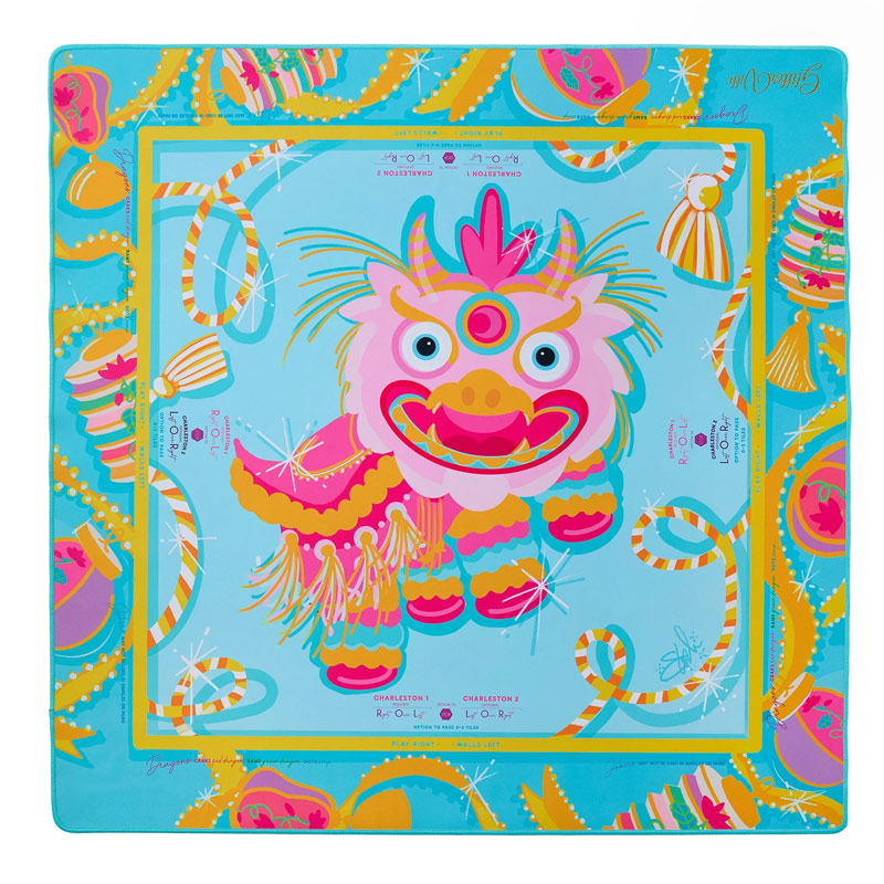 Pink Lion Dance Mahjong Mat Cute Lion Mat for Mah jongg Lovers
